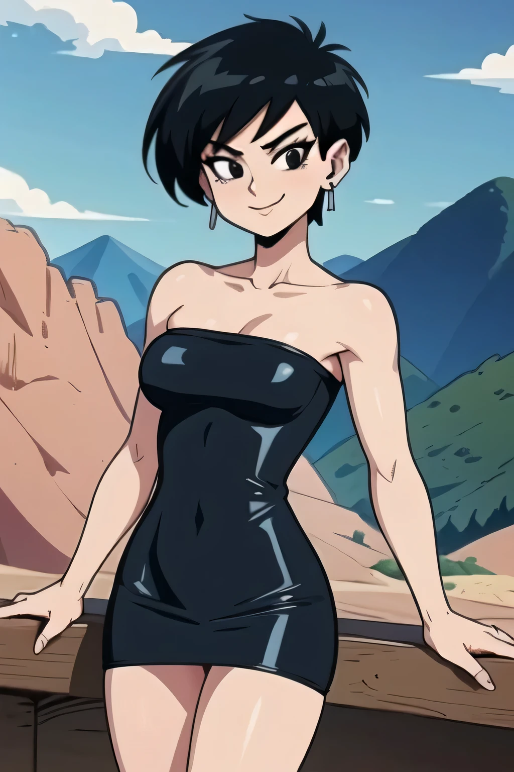 (masterpiece, best quality), 1girl, fasha, 1girl, solo, black eyes, black hair, short hair, spiked hair, earrings, black dress, strapless tube dress, bare shoulders, cowboy shot, green valley and mountains, blue skies, seductive smile