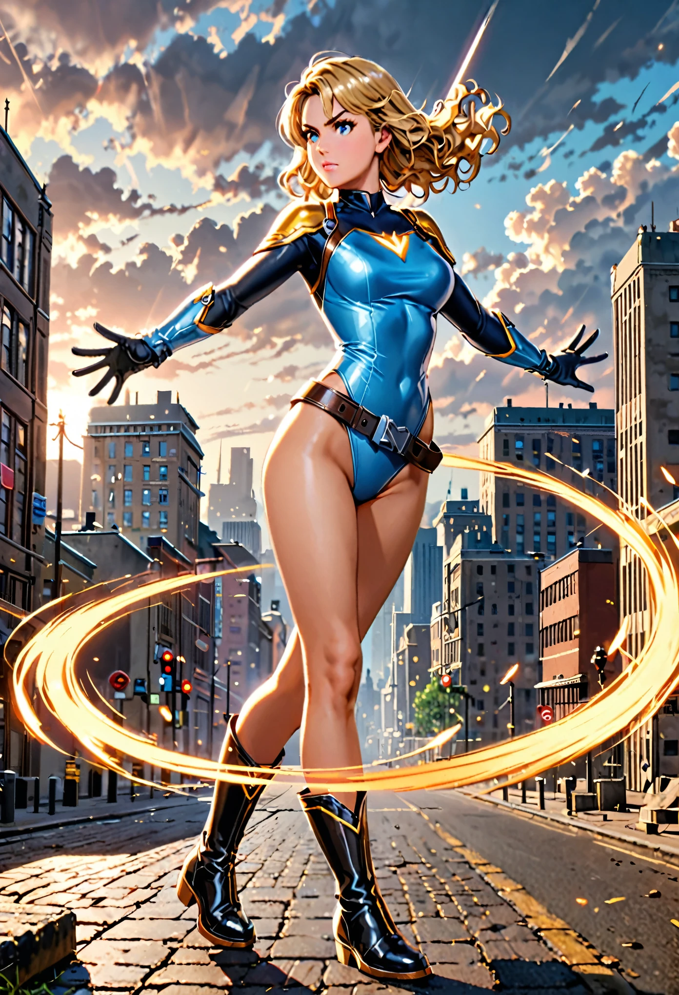 1girl, medium breasts, ((leotard, highleg leotard, light blue leotard)), (lighting bolt emblem on chest), bare legs, ((belt, tight belt)), boots, matching boots, gloves, city backdrop, solo, single, standing, full body shot, cowboy shot, superhero, beautiful detailed eyes, power, ((blonde hair, short hair, wavy hair)), high school backdrop, outdoors, mature lady, teacher, spins fast in place like a tornado, wind swirls, rapid gyration, girl tornado spinning, girl turning to a whirlwind, outstretched arms, perfect body, good proportions, ((only five fingers)), (curved sword slash)