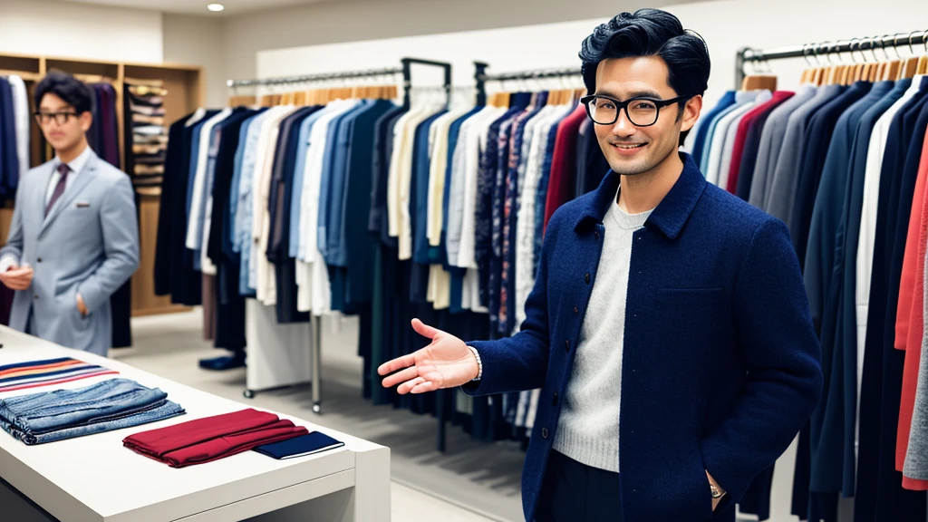 (masterpiece:1.2), high quality, High resolution, One man looking at clothes in a fashion shop, 26 years old,One man,Japanese,Short curly black hair, Wear glasses, Beardless,seems kind , smile, Navy blue jacket, Black trousers, detailed, complicated, Fashionable clothing store, Realistic style, Warm lighting, Shopping Scene