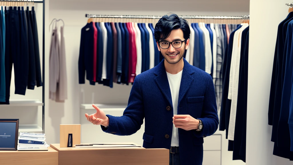 (masterpiece:1.2), high quality, High resolution, One man looking at clothes in a fashion shop, 26 years old,One man,Japanese,Short curly black hair, Wear glasses, Beardless,seems kind , smile, Navy blue jacket, Black trousers, detailed, complicated, Fashionable clothing store, Realistic style, Warm lighting, Shopping Scene