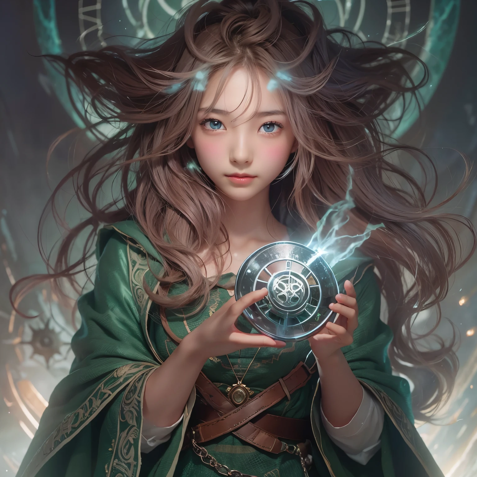 detailed face, cute face, A powerful spell that creates a magical protective barrier., A woman who uses green magic to summon a magical shield is perfect for a fantasy world..