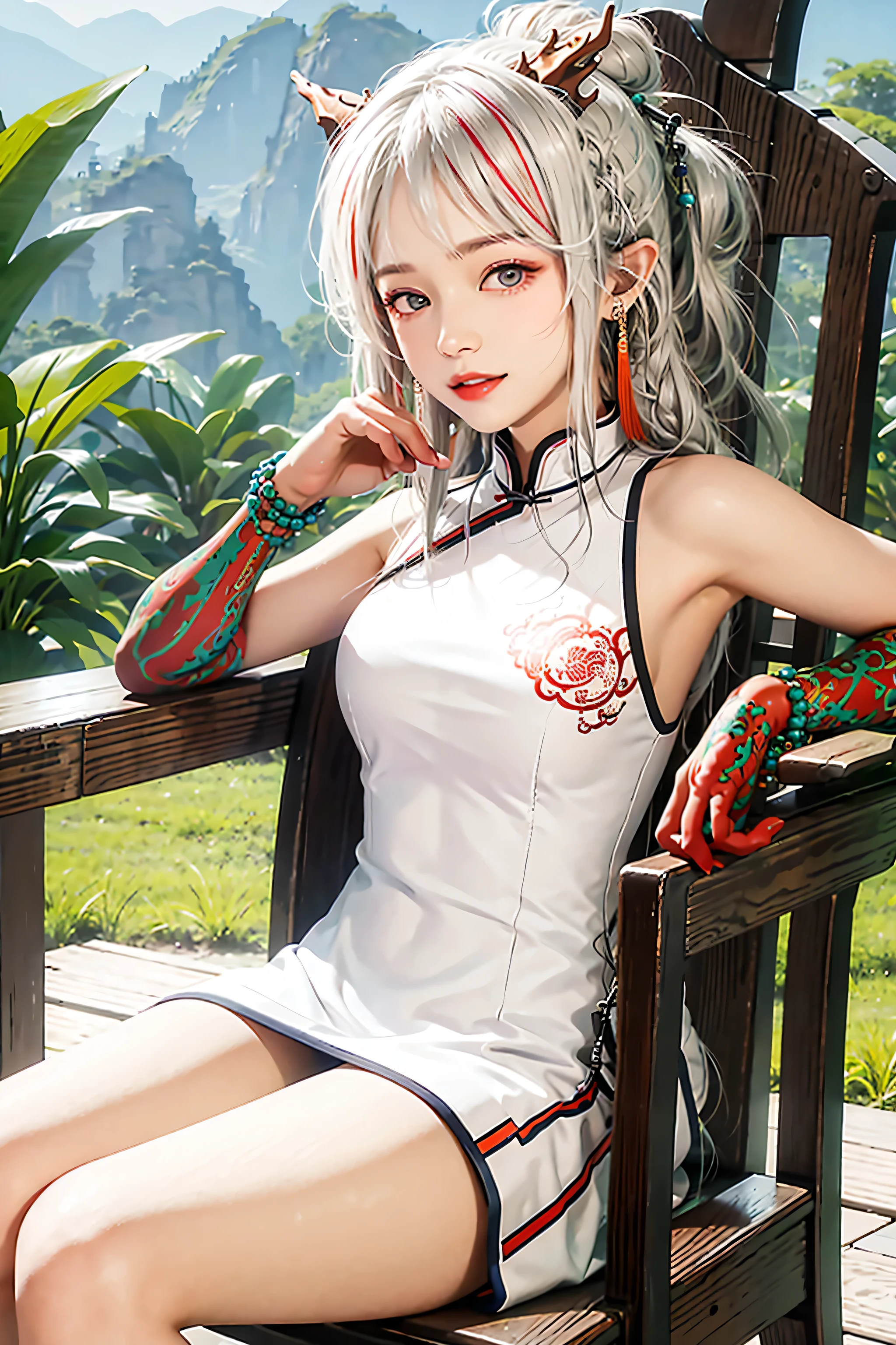 1girl ,cowboy shot,china dress,sitting,chair,cross legs