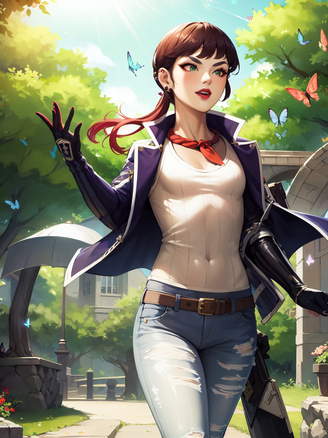 A grown-up, European woman, long flowing rainbow colored hair, green eyes with a gradient to brown, ear piercings, red lipstick, thick, pointy eyebrows, wearing a black tank top and black jeans, a biker-style denim jacket, leather gloves, walking in a park, the sunlight shadowing the leaves on her, leaves flying in the wind, flowers, small butterflies, glow, lens flare effects, light effects