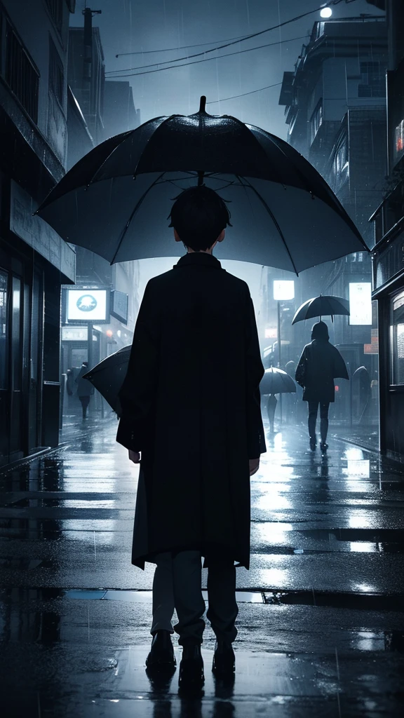 faded tone, night city, monochrome, black, blue, back ground in black, everyday scenary, heavily blurred background, rainy, 2 people ( a boy with an umbrella near the viewers looking at a girl from far )