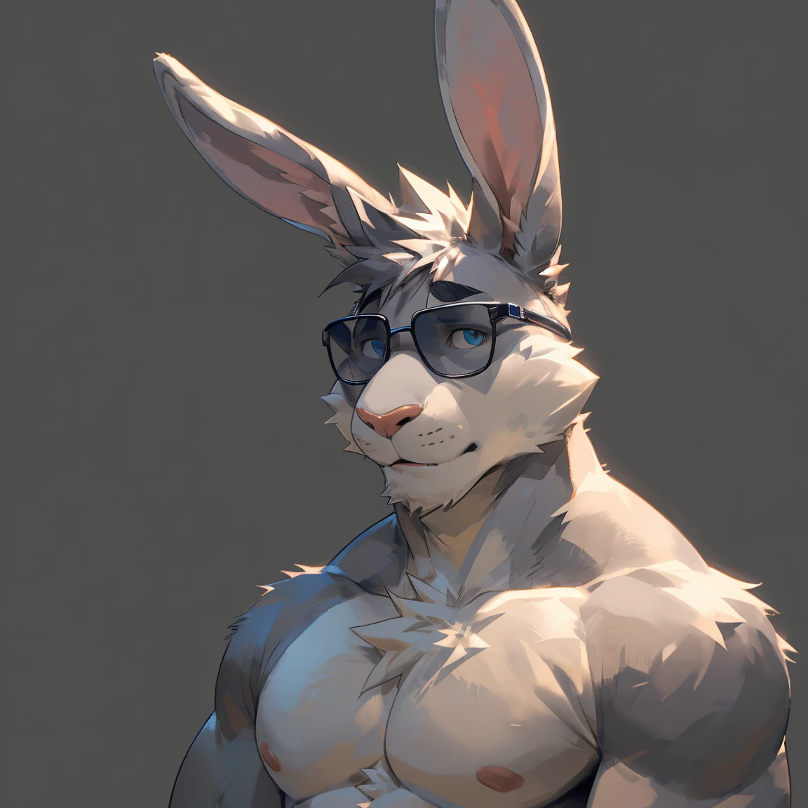 Solo, male, Light brown hare, in one color tone, with long ears, shirtless, in jeans, chest, big chest view, ((focus body, furry focus, shades focus, body shades)) (((gray background, gray wallpaper, one color))), by darkgem, by mystikfox61, by glitter trap boy