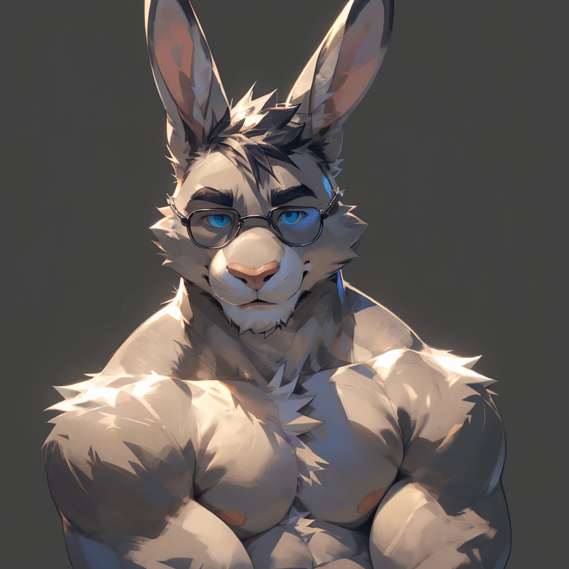 Solo, male, medium muscular, rabbit, light gray, light gray rabbit, rabbit ears, perfect nose, beautiful eyes, shirtless, in black underwear, underwear, ((focus body, furry focus, shades focus, body shades)) (((gray background, gray wallpaper, one color))), by darkgem, by mystikfox61, by glitter trap boy