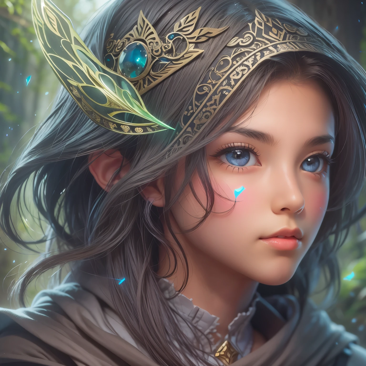 detailed face, cute face, A powerful spell that creates a magical protective barrier., A woman who uses green magic to summon a magical shield is perfect for a fantasy world..