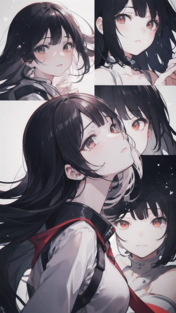 (best quality, ultra detailed), multiple views, monochrome, comic, 1girl, upper body, turn one's face away, looking up, from side,  light particles, depth of field,Long black hair