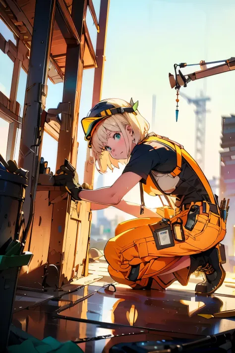 masterpiece, high quality, highly detailed backgrond, a young female carpenter working on a busy construction site, blonde hair,...