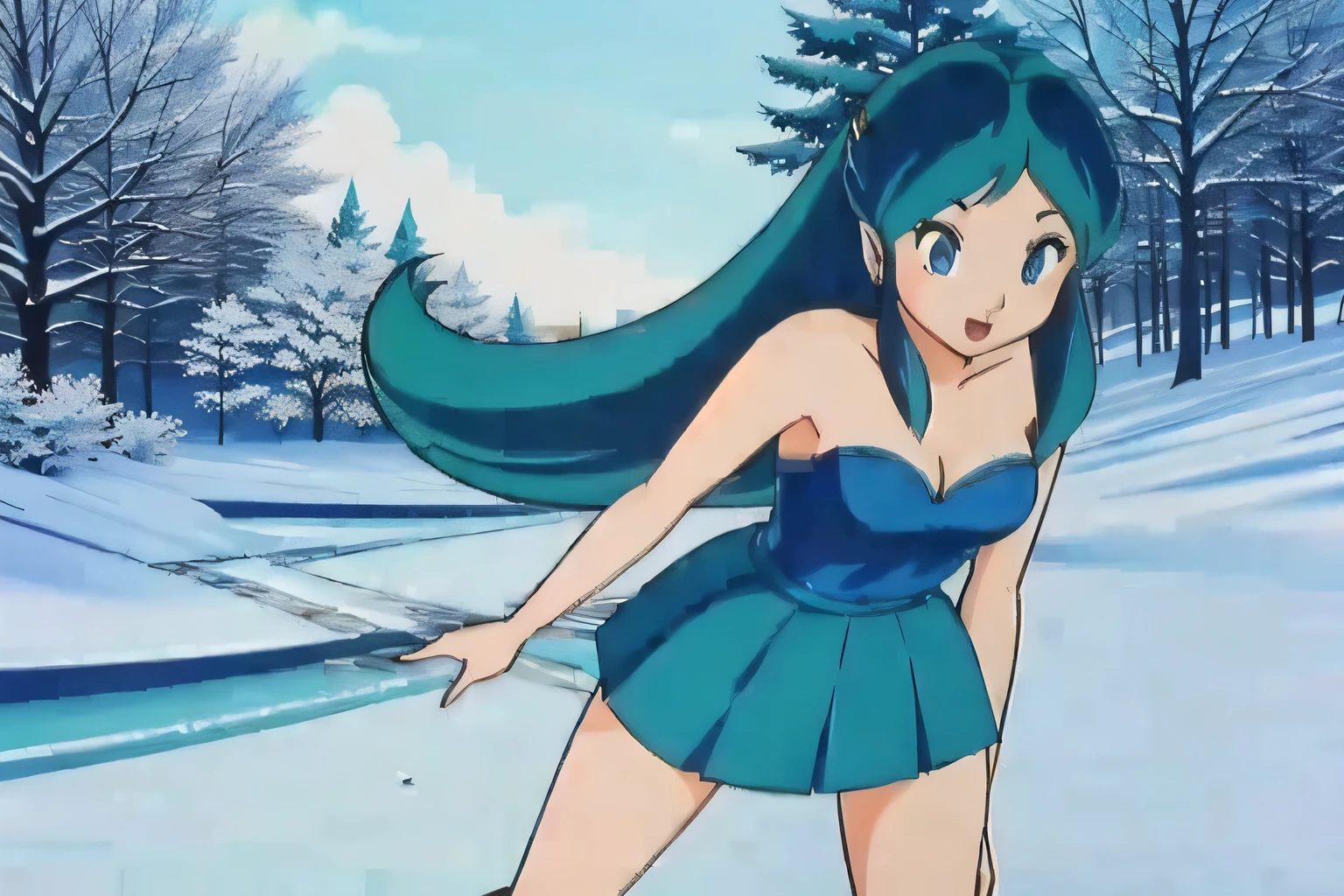 (Realistic:1.5) Full Body Shot, alone, Long Hair, blue eyes, Green Hair, horn, Tank top with lace skirt, Ice formations and snow-covered trees々A frozen wonderland woven by. background, 