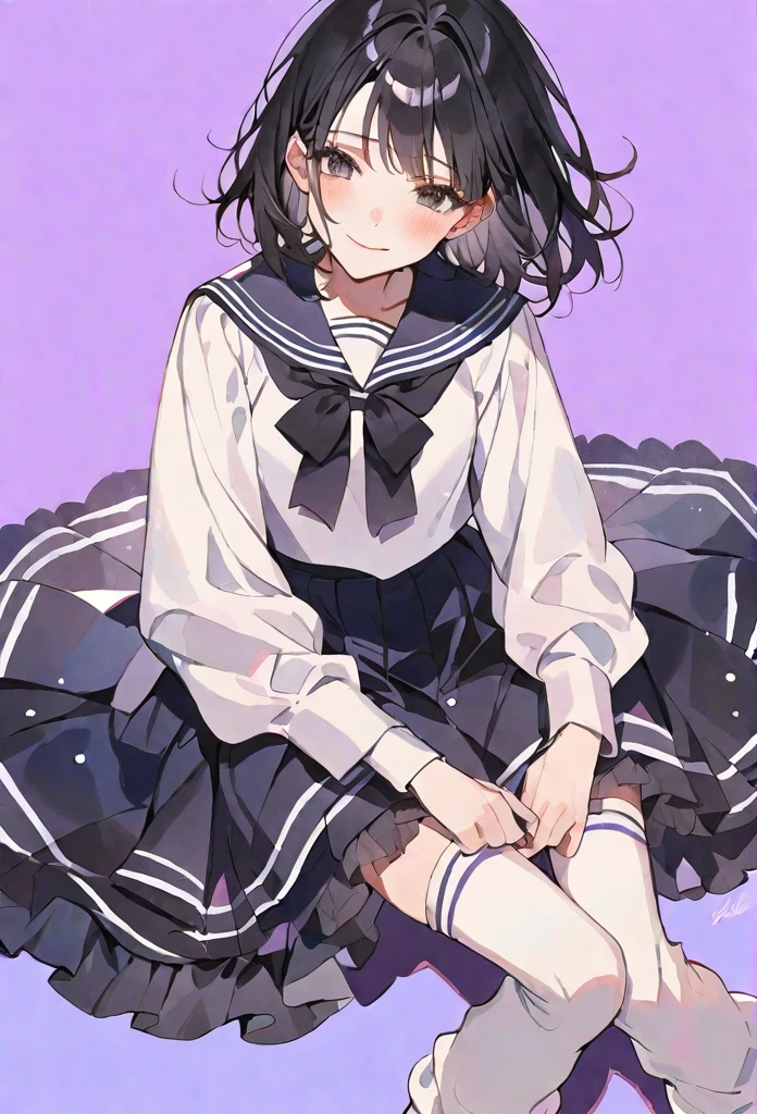 solo, handsome,Watercolor, 1. Female,Straight Short Hair, black hair, black eyes,Soft look,Lolita,high school girl,Sailor suit,loose socks,Best,skin,,smile,Embarrassed,purple background