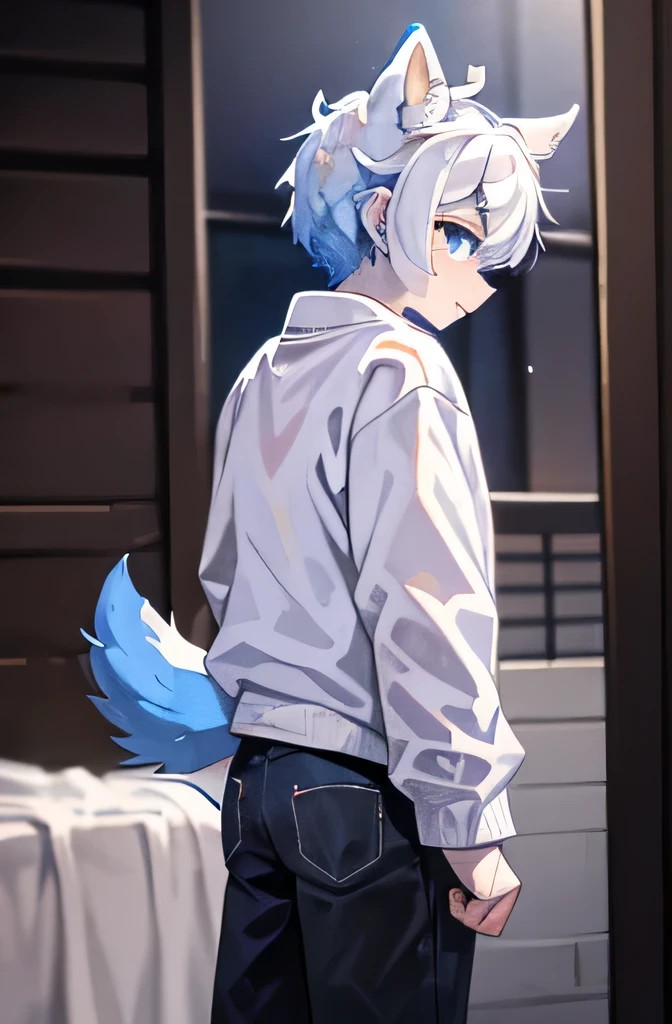 The Mystical Beasts of Shanhaijing,hairy,hairy,There are blue horns and white wolf ears on the head,Ears and horns exist at the same time,White sweatshirt,Black jeans,Q version,Cute boys,13-year-old boy,Minimalist art style,Cartoon Style,blue eyes,hapiness,hapiness,White hair on the ears,White hair on the ear tips,White hair on the back,hairy fluffy big wolf tail,Big tail blue gradient tail tip white,In the bedroom,Standing on the ground