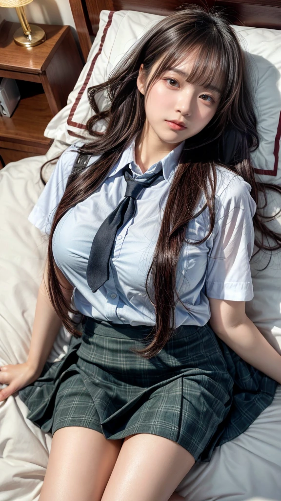 Japan girls, girls in their twenties, wavy little long hair, black hair, brown eyes, perfect figure, transparency, luster, luster, modest breasts, school uniform, navy blue tie, navy blue skirt, light blue shirt, pink pants, gravure idol, bed, sleeping, legs open, upright