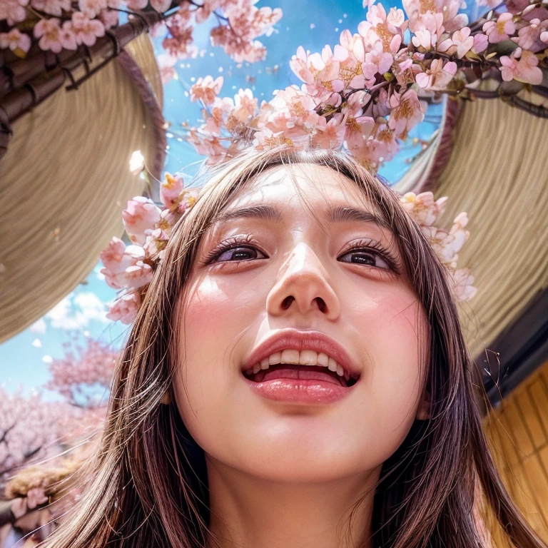 (SFW:1.2), Best_Quality, (masterpiece:1.2) of professional Analog Hi-Res photo, (realistic and photorealistic with touch of rawness:1.37), (((Panoramic group photo of NOGIZAKA schoolgirls looking down at the camera and Surrounding))) . (highest quality, High resolution, masterpiece, realistic:1.37),(HDR, Bright colors), beautiful face, detailed facial features, pose for a photo, (((close:1.4, seen from below:1.4, Sky background with CherryBlossoms:1.4))) . BREAK Extremely Detailed KAWAII face variations, captivating gaze, elaborate detailed Eyes with (sparkling highlights:1.2), long eyelashes、Glossy RED Lips with beautiful details, Coquettish tongue, Rosy cheeks, Glistening ivory skin . (Dynamic joyful expressions | :D), Childish .