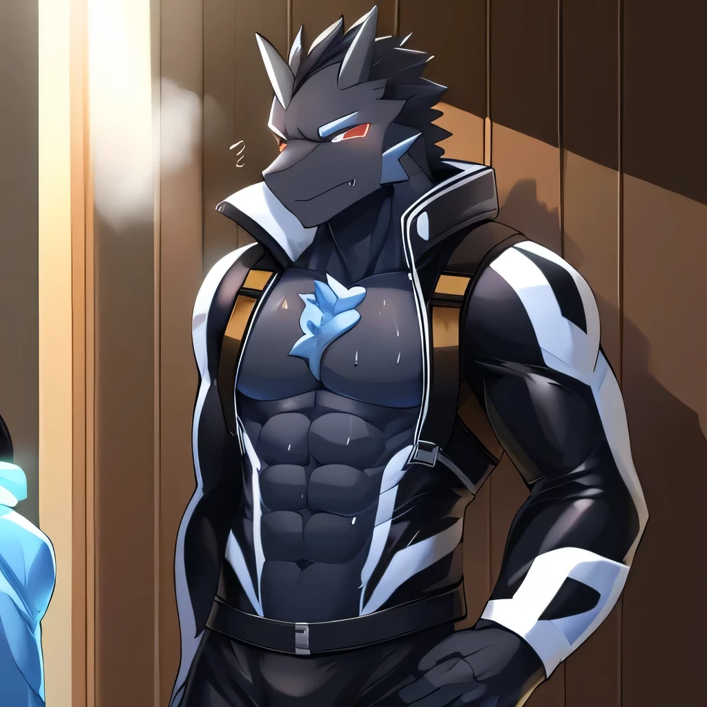Thin macho western black dragon abs Hollow abs body suit thick arms chest rig 、sweaty skin glow profile Wearily short of breath Chemo shota
have a blue eyes Tired look jacket