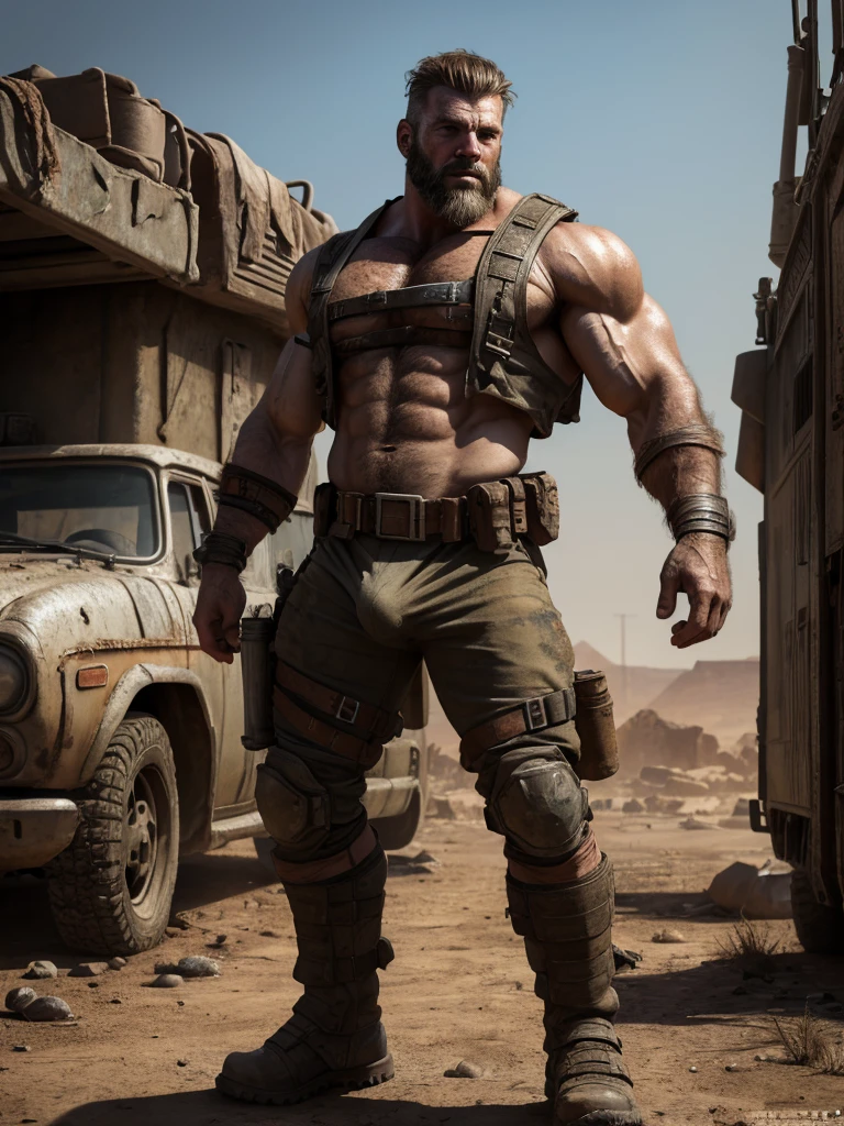 ((medium wide shot)), wasteland warrior, handsome man, bodybuilder, bulge, post-apocalyptic, beard, detailed, realistic, white man, dirty:0.8, dramatic