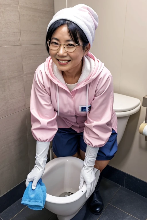 A Japanese mature woman with black hair and glasses, wearing large pink gloves, white rubber boots, a white hood on her head, a navy blue shirt and light blue slacks, cleaning a toilet with a smile