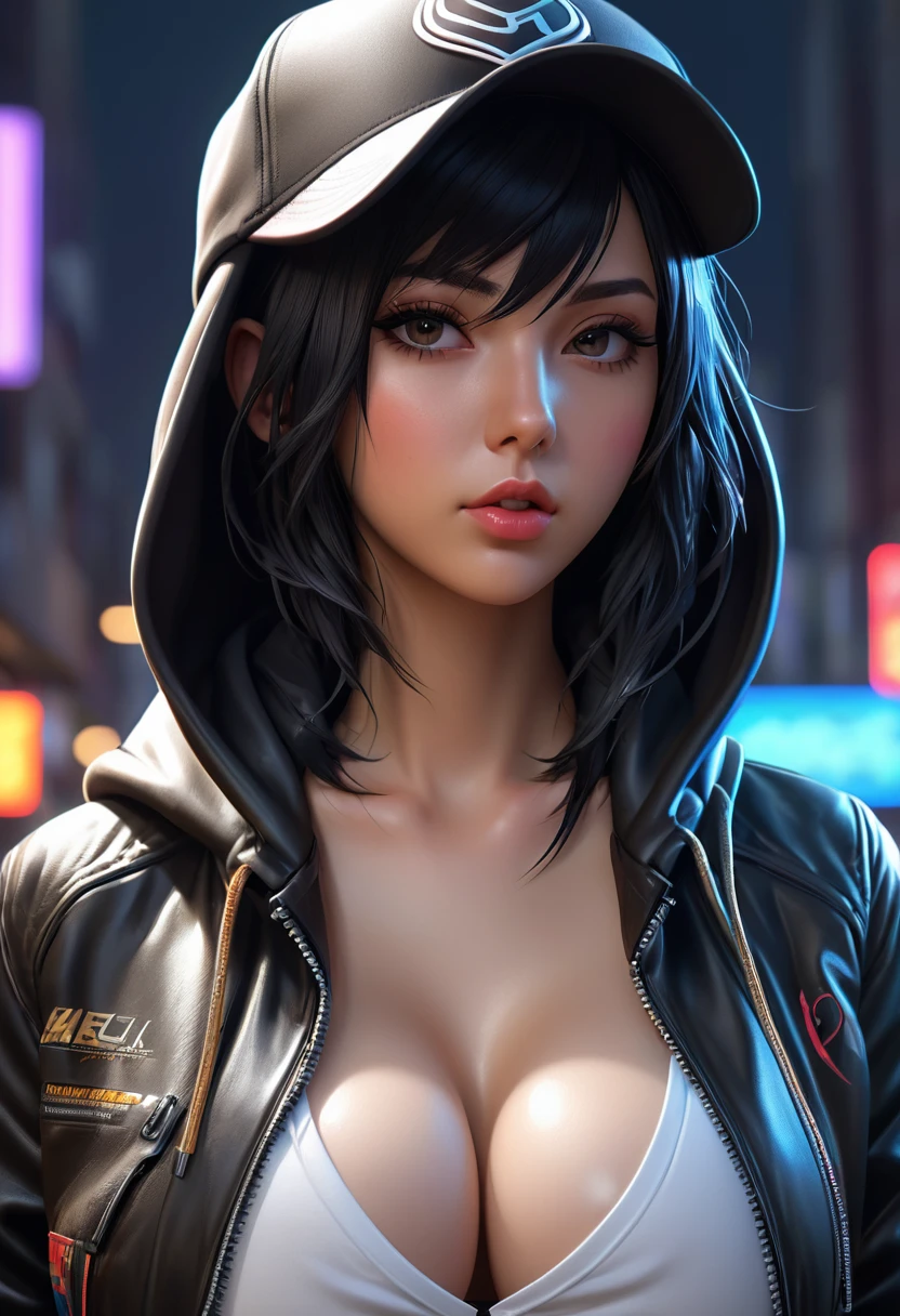 araffe wearing a baseball cap and a leather jacket, huge breast, beautiful breast, cyberpunk anime girl in hoodie, realistic anime 3 d style, realistic artstyle, anime style. 8k, black haired girl wearing hoodie, photorealistic anime girl render, 3 d anime realistic, game cg, anime styled 3d, photorealistic artstyle, artwork in the style of guweiz, incredibly absurdres, ultra detailed, high resolution, realistic lighting, photorealism, hyperrealism,masterpiece,vibrant colors,stunning visuals,ultra skin texsture,stable diffusion,perfect anatomy,crazy details