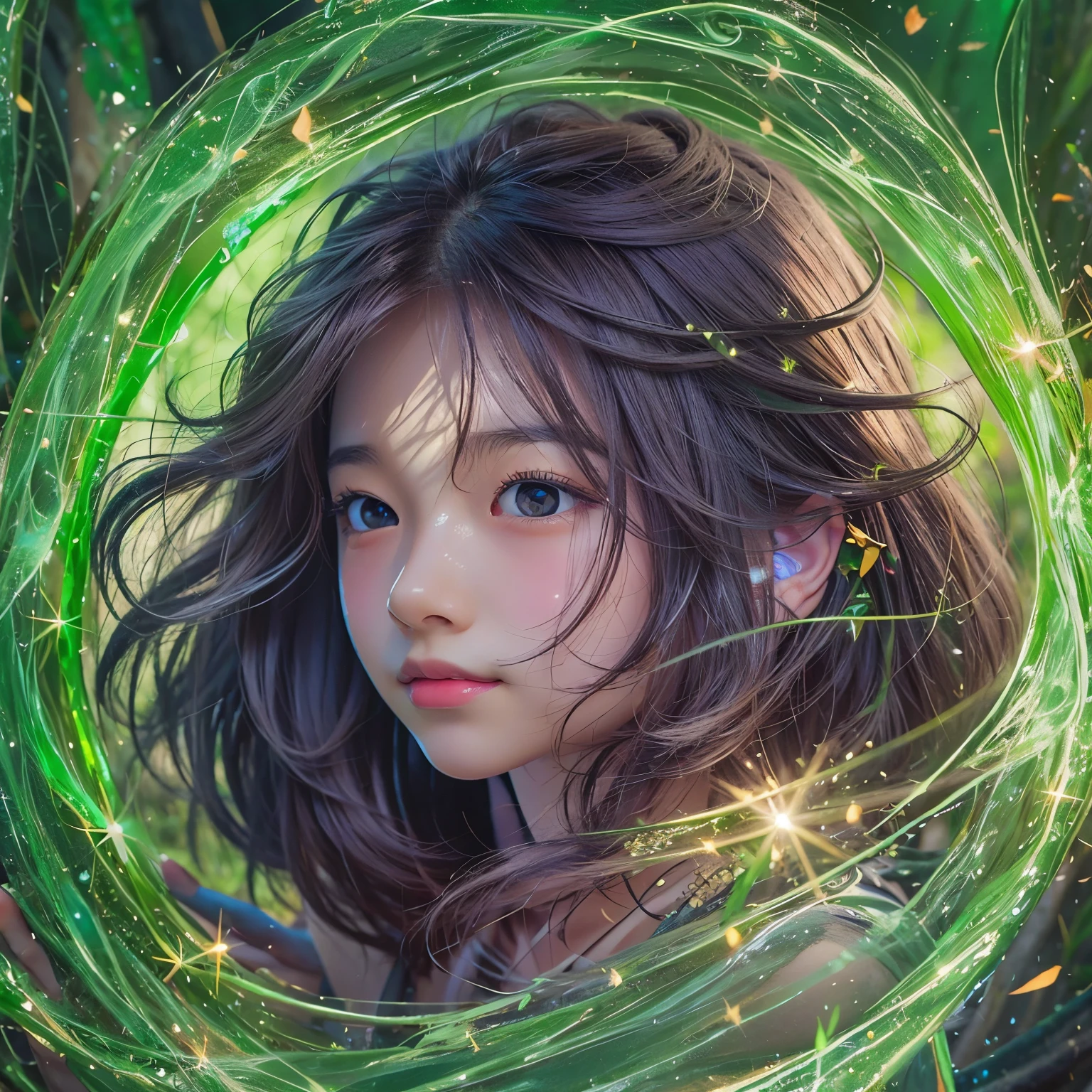 detailed face, cute face, A powerful spell that creates a magical protective barrier., A woman who uses green magic to summon a magical shield is perfect for a fantasy world..