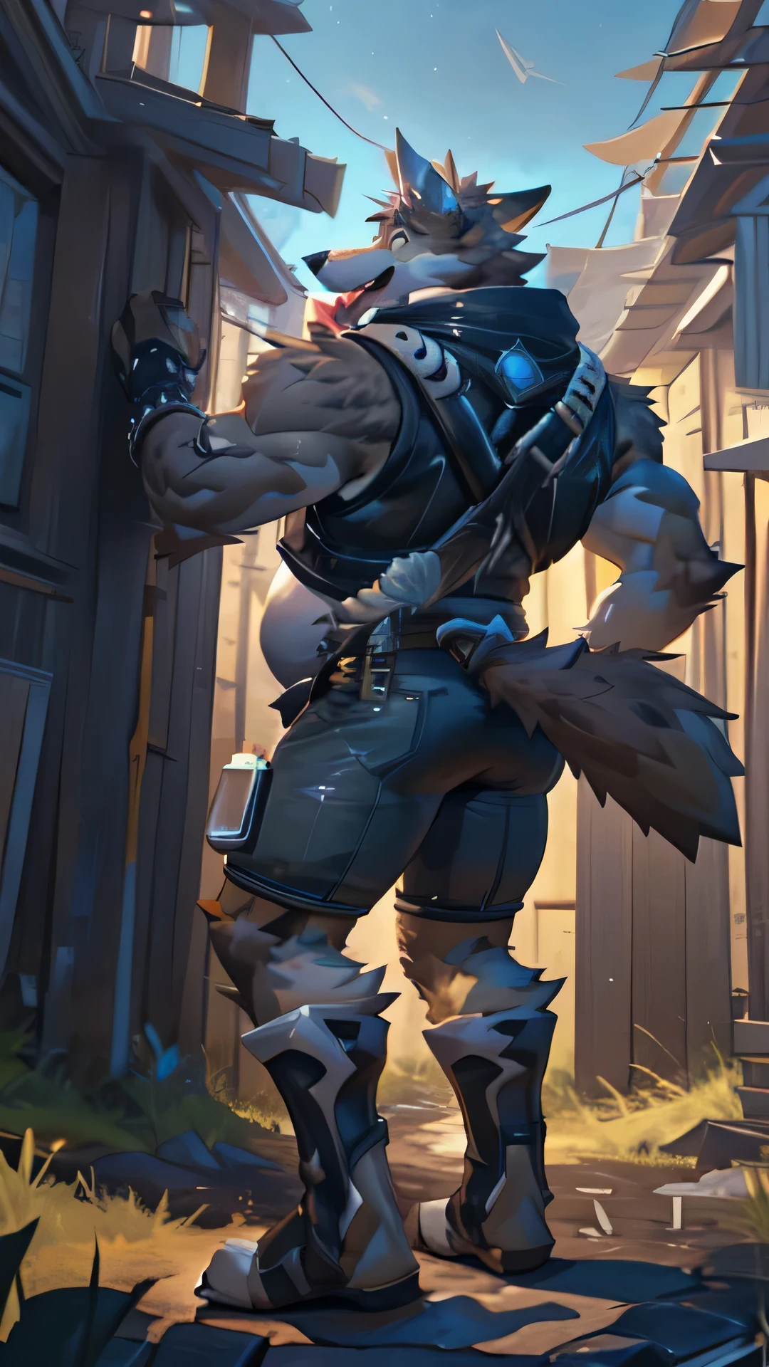 Wendell-fortnite, explict content, by (darkgem), (muscle),(hyper belly), chunky, chubby, male, anthro, solo, looking pleasured, detailed realistic painting, tongue out, extremly detailed, very dark, HDR, (stand up straight), (full body), (big butt:1.2), (beautiful eyes detail), back view
