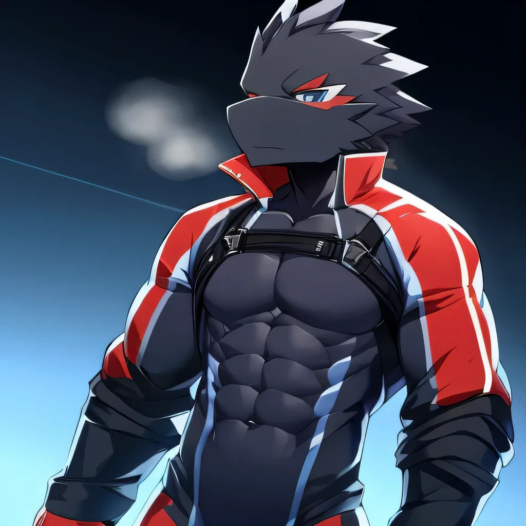 Thin macho　western black dragon　　abs　　　　　Hollow abs　　body suit　　thick arms　　　chest rig　　　、sweaty　　　skin glow　　profile　　Wearily　short of breath　　  　Chemo shota
jacket