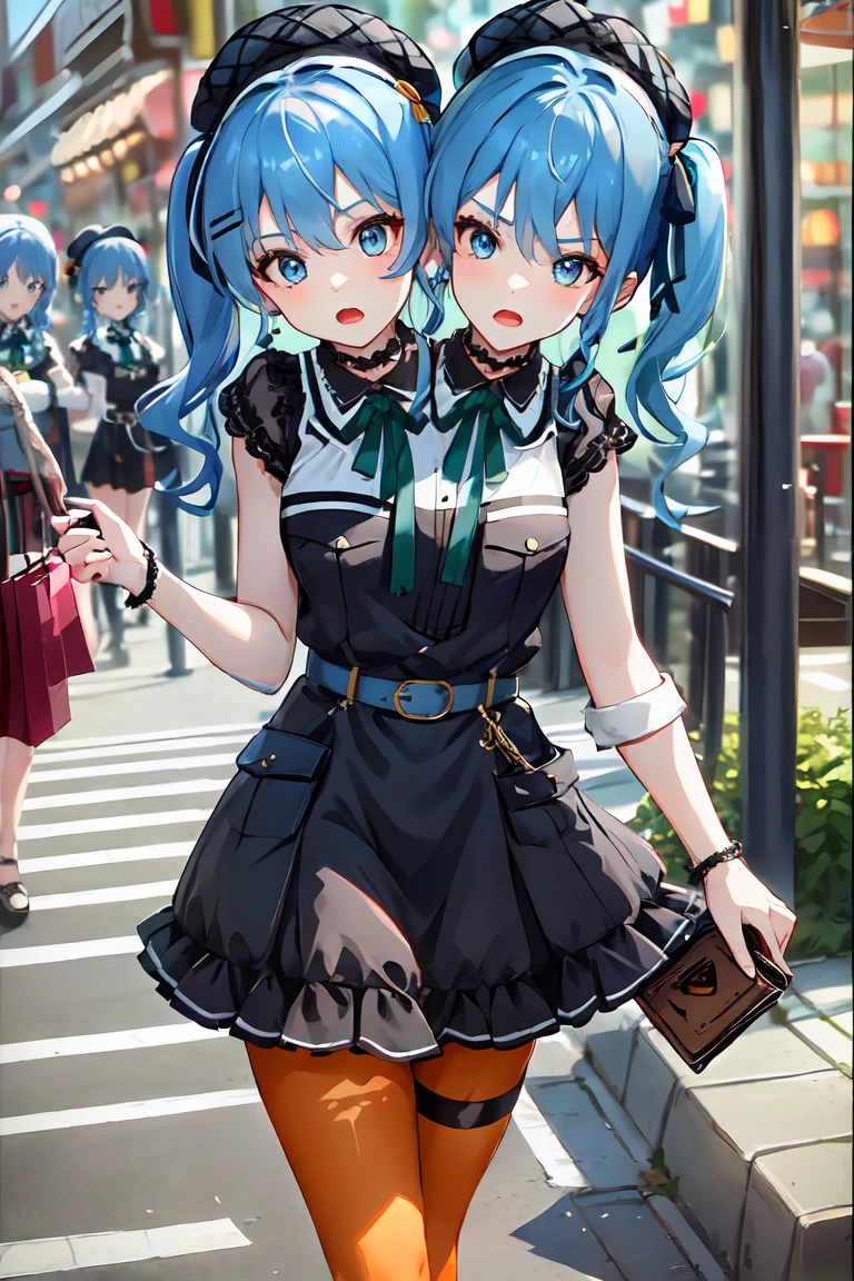 (masterpiece, best quality), best resolution, 16k, (2heads:1.5), close-up, 1girl, solo, HoshimachiSuisei, side ponytail, blue hair ribbon, SuiseiStreet, long hair, half updo, black beret, black dress, collared dress, sleeveless, bow earrings, lace choker, neck ribbon, black belt, orange pantyhose, o-ring thigh strap, single garter strap, (cheek-to-cheek), ((hand holding a wallet)), ((eyes-look-left)), ((eyes-look-right)), surprised, frustrating, walking, open mouth, city, Shopping Street, street vendor, morning