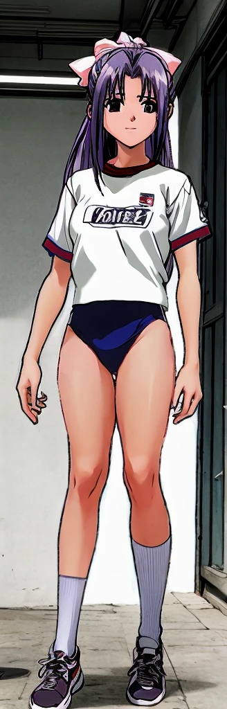 Momoko Koigakubo, a tall girl with beautiful legs, is wearing white gym clothes and light-colored navy blue bloomers that look like panties, and is standing with her legs spread to the sides and a smile on her face.。Oblique angle。