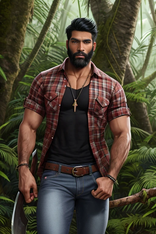 fuhrerdoodles style painting of a rugged lumberjack wearing an open plaid shirt and jeans holding an axe in one hand standing in the jungle, beautiful eyes, black beard, black hair, detailed , sexy pose