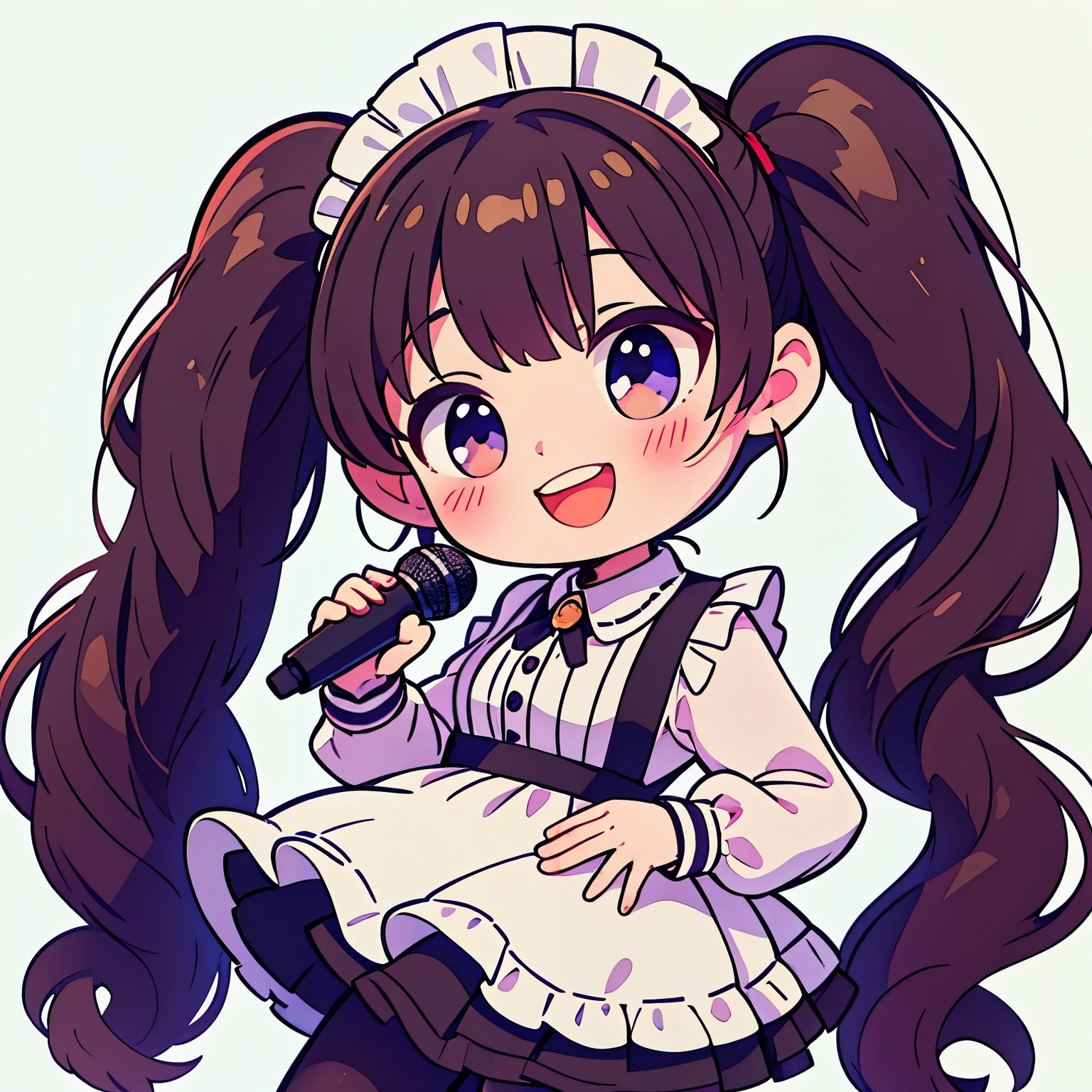 (masterpiece, highest quality:1.2),smile、Twin tails、microphone、Idol、Maid Singing、Peace One Girl,  translation:, Long sleeve, Maid clothes, pantyhose, whole body, Simple Background, White Background,  Nendoroid