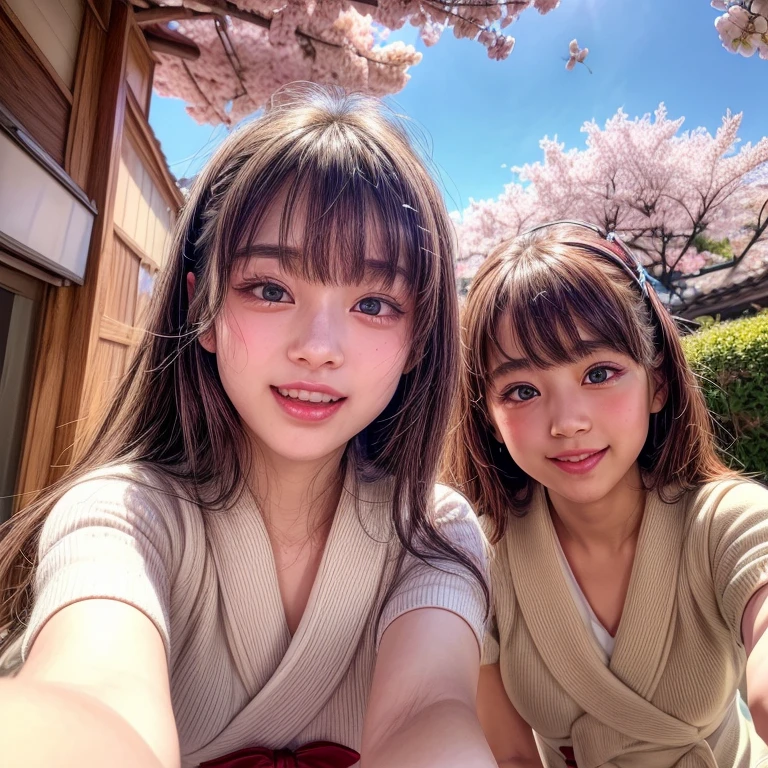 (((Panoramic group photo of NOGIZAKA schoolgirls looking down at the camera and Surrounding))) . (highest quality, High resolution, masterpiece, realistic:1.37),(HDR, Bright colors), beautiful face, detailed facial features, pose for a photo, (((close:1.4, seen from below:1.4, Sky background with CherryBlossoms:1.4))) . BREAK Extremely Detailed KAWAII face variations, captivating gaze, elaborate detailed Eyes with (sparkling highlights:1.2), long eyelashes、Glossy RED Lips with beautiful details, Coquettish tongue, Rosy cheeks, Glistening ivory skin . (Dynamic joyful expressions | :D), Childish .