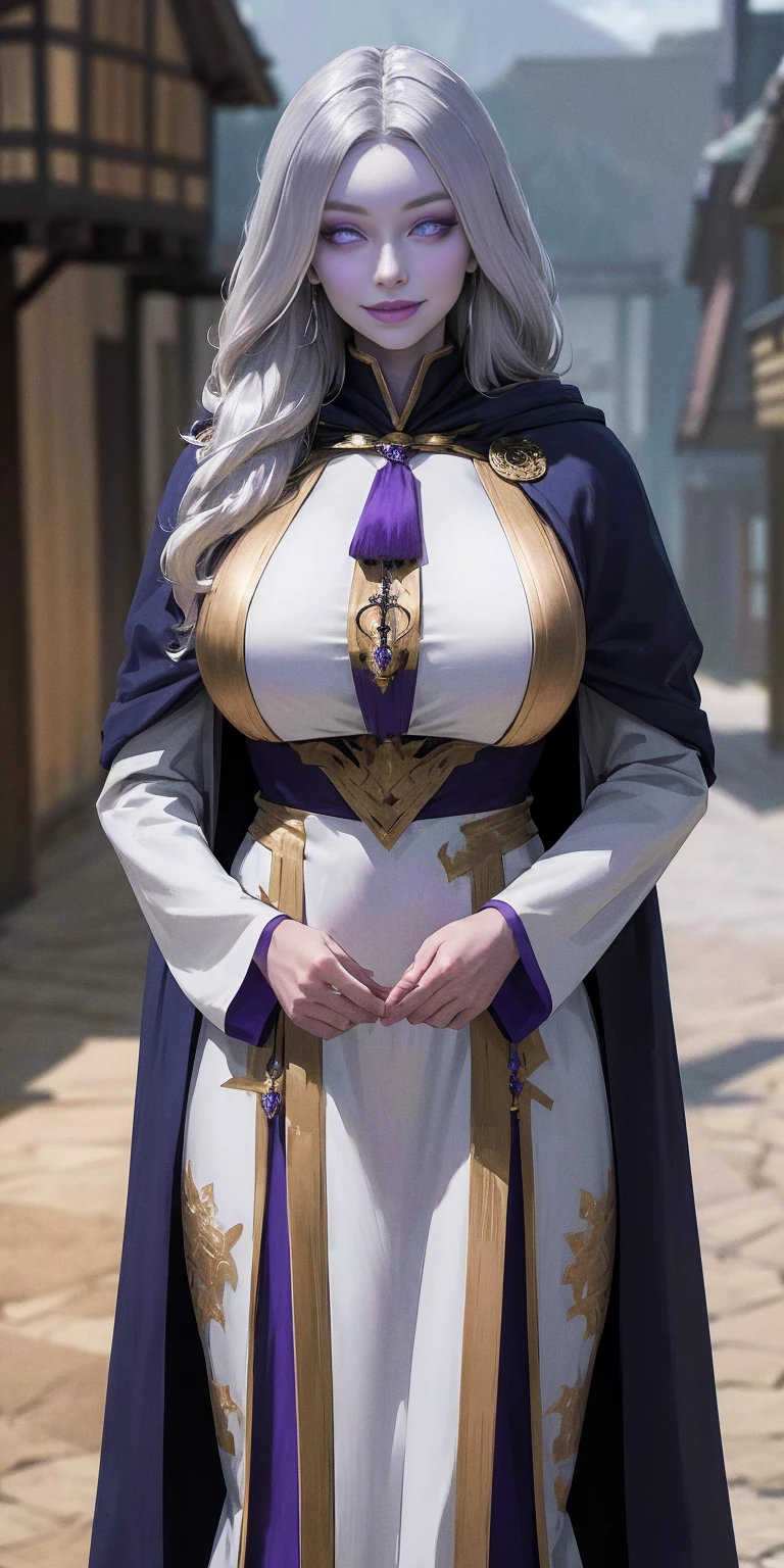 (Triplets)(chest covered)(smile)Gray skin, pale golden hair and violet eyes. They prefer clothing of white and silver with cloaks of deep blue or purple,village background, huge_knockers, ((very precise detailed)), ((highres)