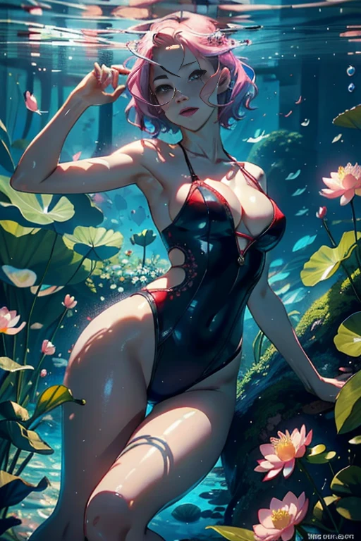 1female, Married Woman, MILF, solo), Background with: ponds, Cherry blossom forest, lotus flower) Lie underwater, She has short pink hair, seen from the front, mostly cloudy sky, (masterpiece), (Very detailed CG unity 8K wallpaper), best quality, cinematic lighting, detailed back ground, beautiful detailed eyes, Bright pupils, Black eyes, Red lips, (Very fine and beautiful), (Beautiful and detailed eye description), ultra - detailed, masterpiece) facing at camera, A high resolution, ultra - detailed, legs are open, raised sexy, Desire for dissatisfaction, frontage, (Wearing: Red swim suit)