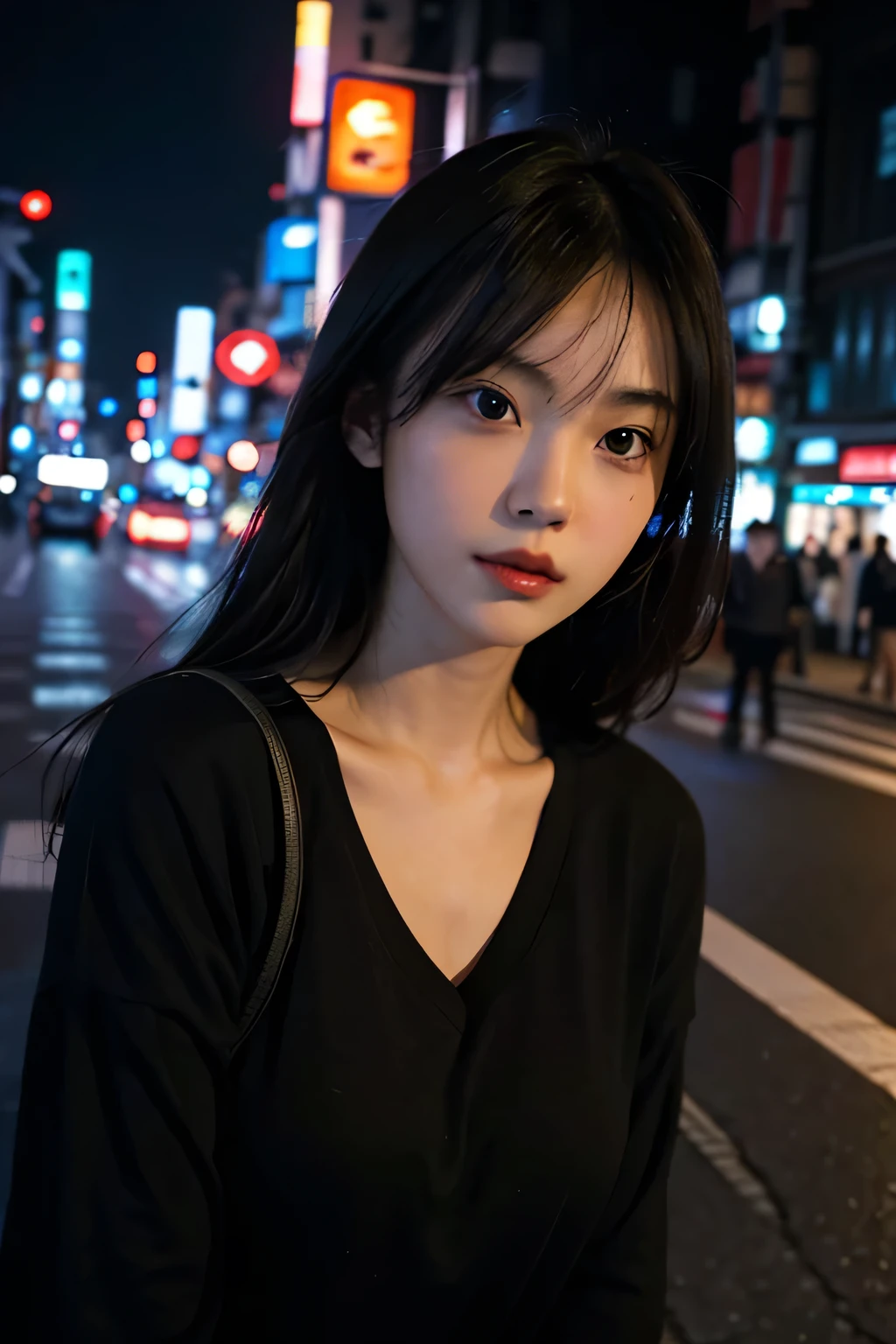 1girl, Tokyo street,night, cityscape,city lights, whole body,close-up, 8k, RAW photo, best quality, masterpiece,realistic, photo-realistic, cinematic