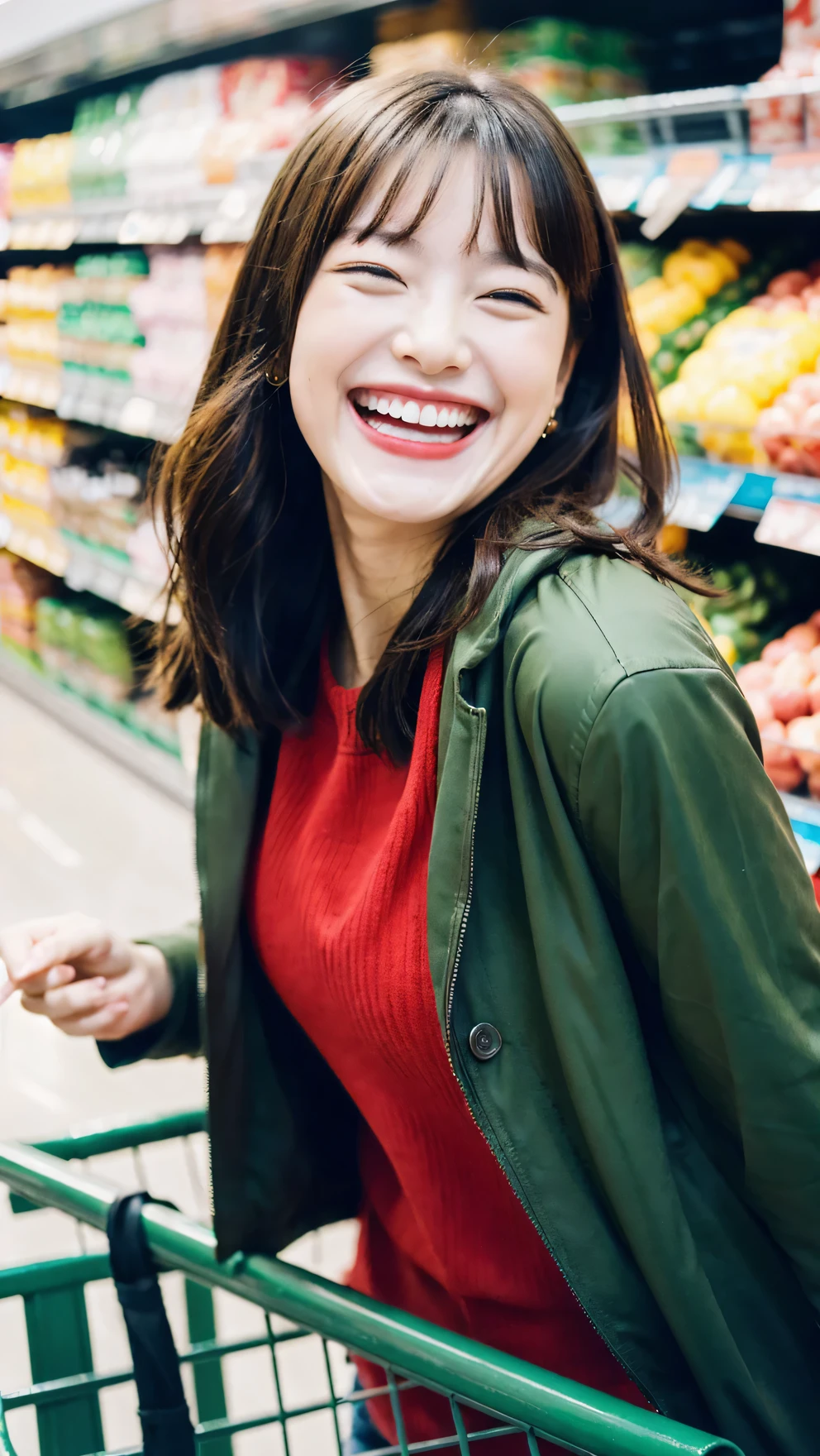 a beautiful girl, jacket (huge Laughing:1.2), (open mouth:1.1), (Raw photo, highest quality), (8K, highest quality, masterpiece: 1.2), Super detailed, super resolution, at a supermarket,