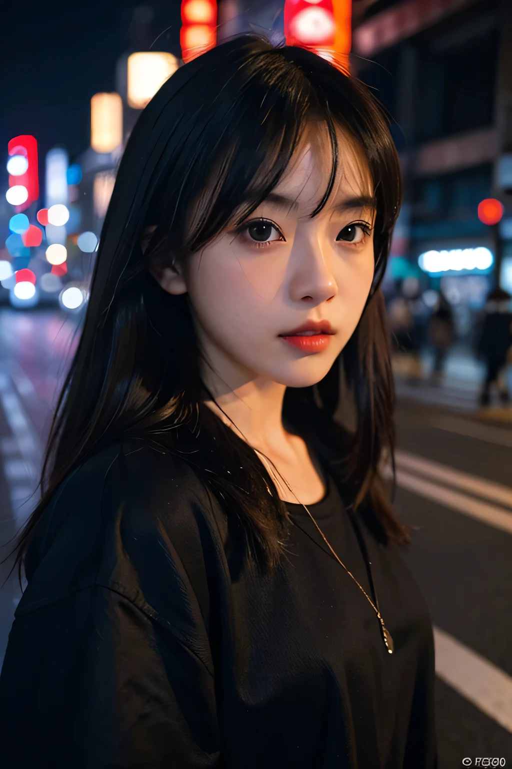 1girl, Tokyo street,night, cityscape,city lights, whole body,close-up, 8k, RAW photo, best quality, masterpiece,realistic, photo-realistic, cinematic