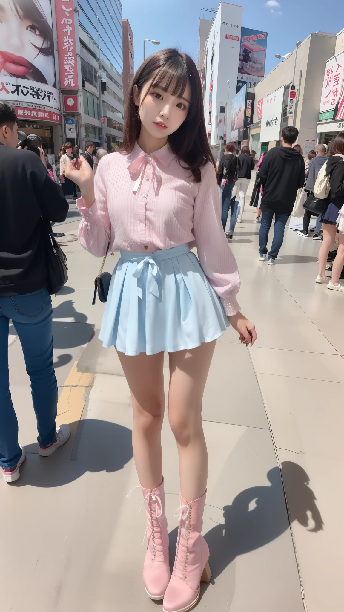 Costume like a idol, blue and white half sleeve Jacket, pink satin ruffled blouse, White and pink stripe pleated skirt, white lace up boots
