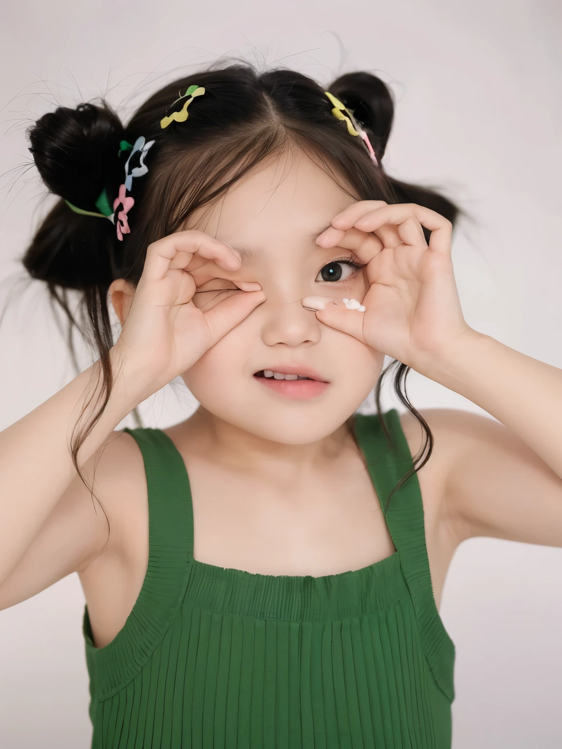 masterpiece, best quality, Girl wearing green tank top,Facing the camera,Hair bangs,Flowing hair,8 year-old,Sweet girl,a girl,Exquisite facial features,
