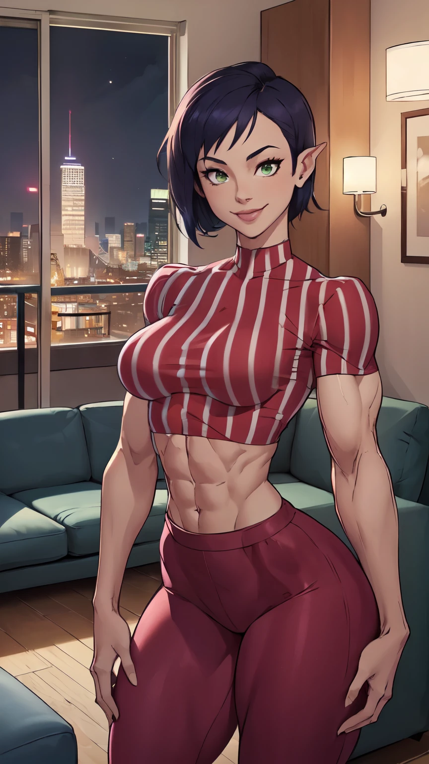 (muscular, thick thighs:1.2),
(1girl, solo, masterpiece, 4k, best quality:1.2, (cowboy shot), best quality:1.2, NICE HANDS, COLORFUL, (perfect hands, perfect anatomy)),
bombchu lady, striped shirt, pink pants, bar, big smile,
((medium breasts, medium hips, looking at the viewer)),
(highrise apartment livingroom at night),