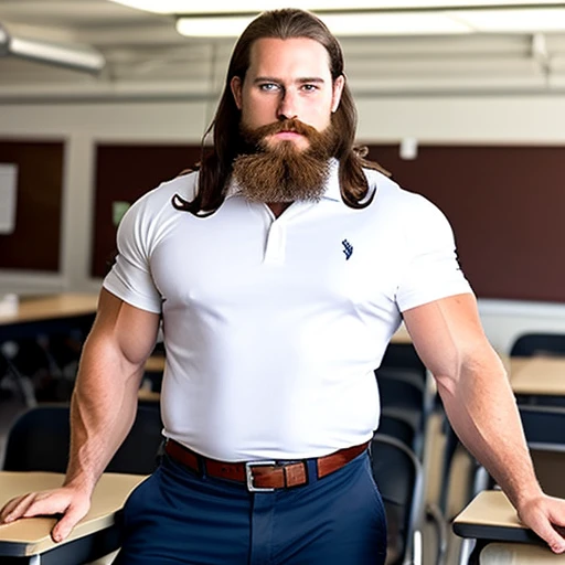 Long dark hair , dad , white polo shirt , teacher , classroom , beard , muscle