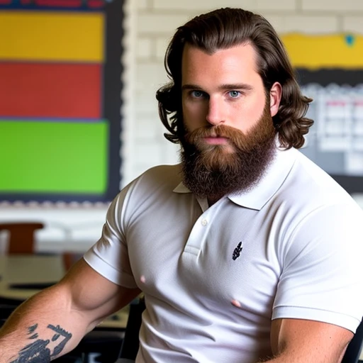 Long dark hair , dad , white polo shirt , teacher , classroom , beard , muscle