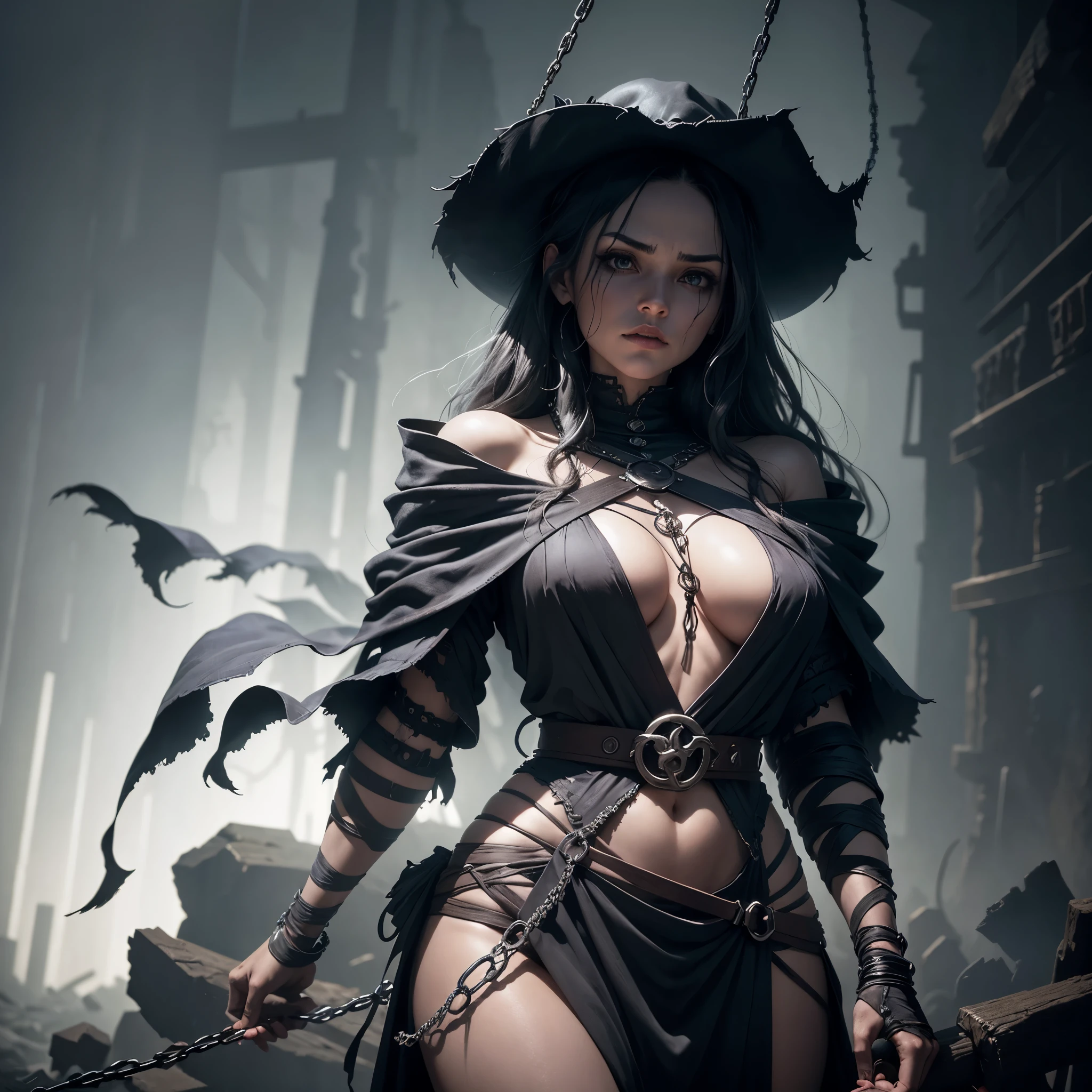 A Forsaken Sorceress, bound and entangled in ropes and chains, her wounded form swathed in bandages, undergoes the dramatic lighting of a gloomy, gritty atmosphere. The chiaroscuro technique immerses the scene in high realism, casting moody colors across the cinematic composition. Dramatic shadows weave a tapestry of intensity, evoking emotions that resonate with the viewer's soul.