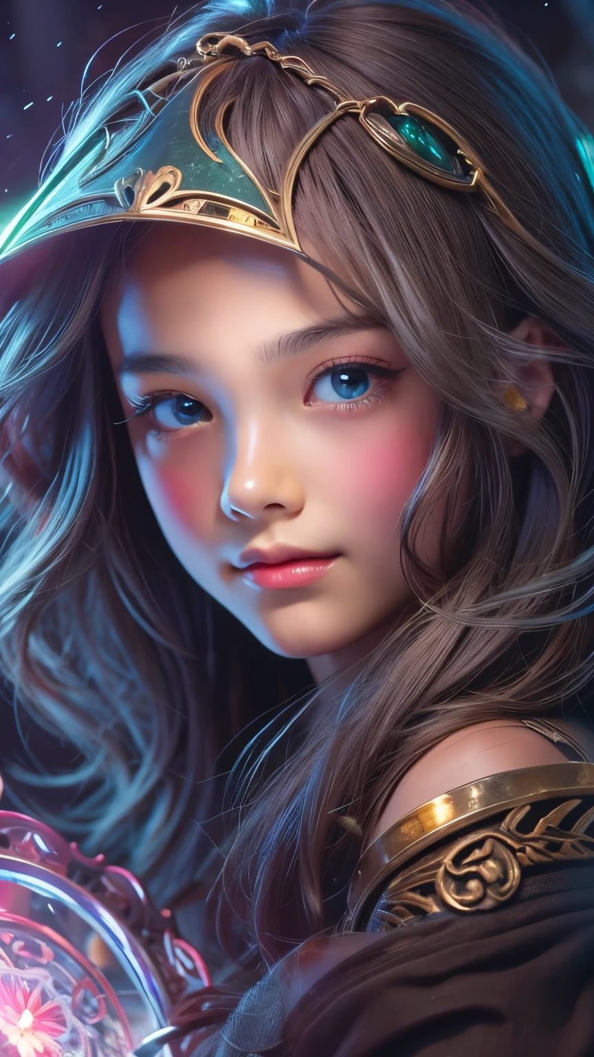 detailed face, cute face, A powerful spell that creates a magical protective barrier., A woman who uses green magic to summon a magical shield is perfect for a fantasy world..
