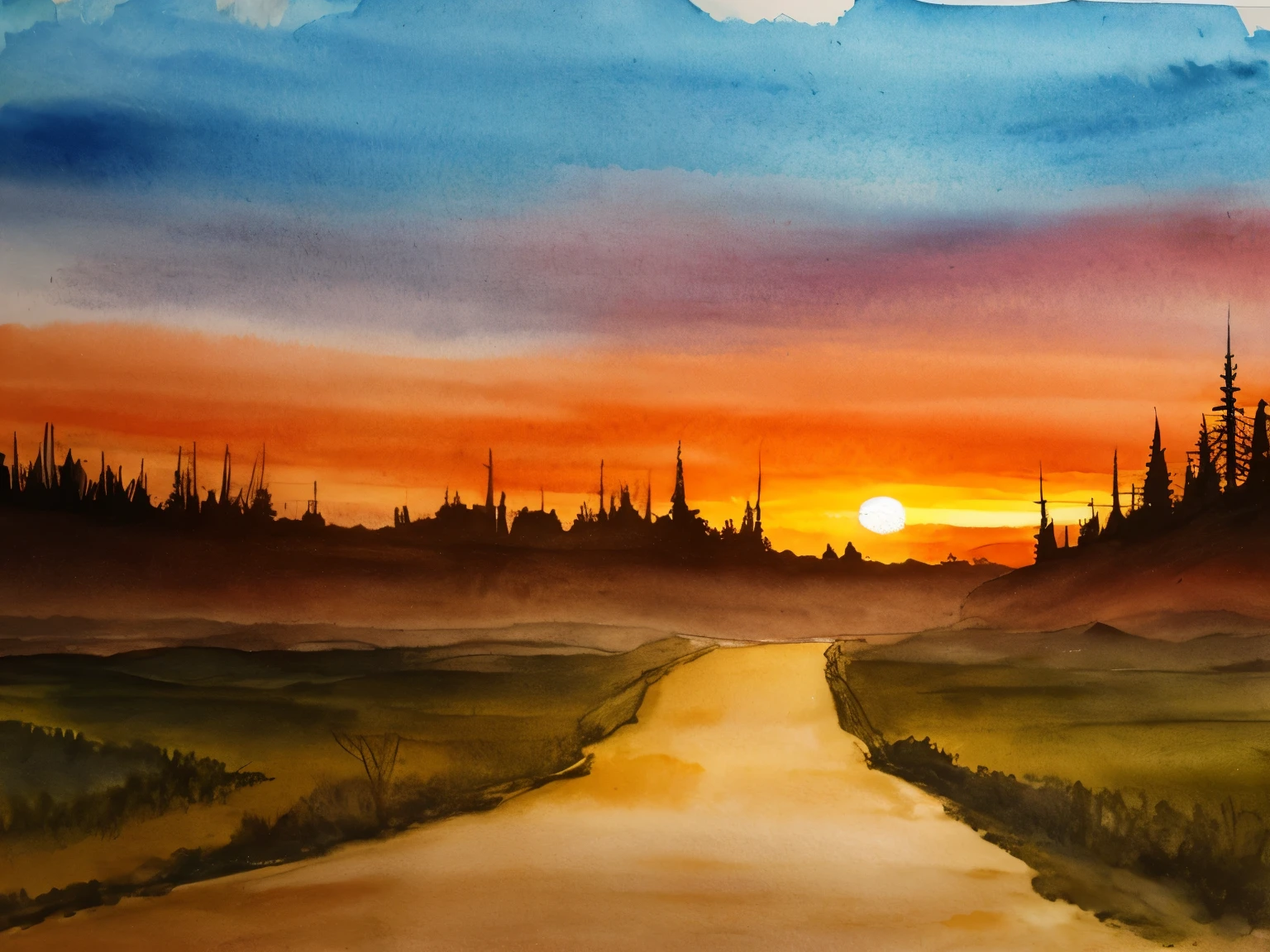 post-apocalyptic sunset at the end of the world of the new dawn aquarelle drawing