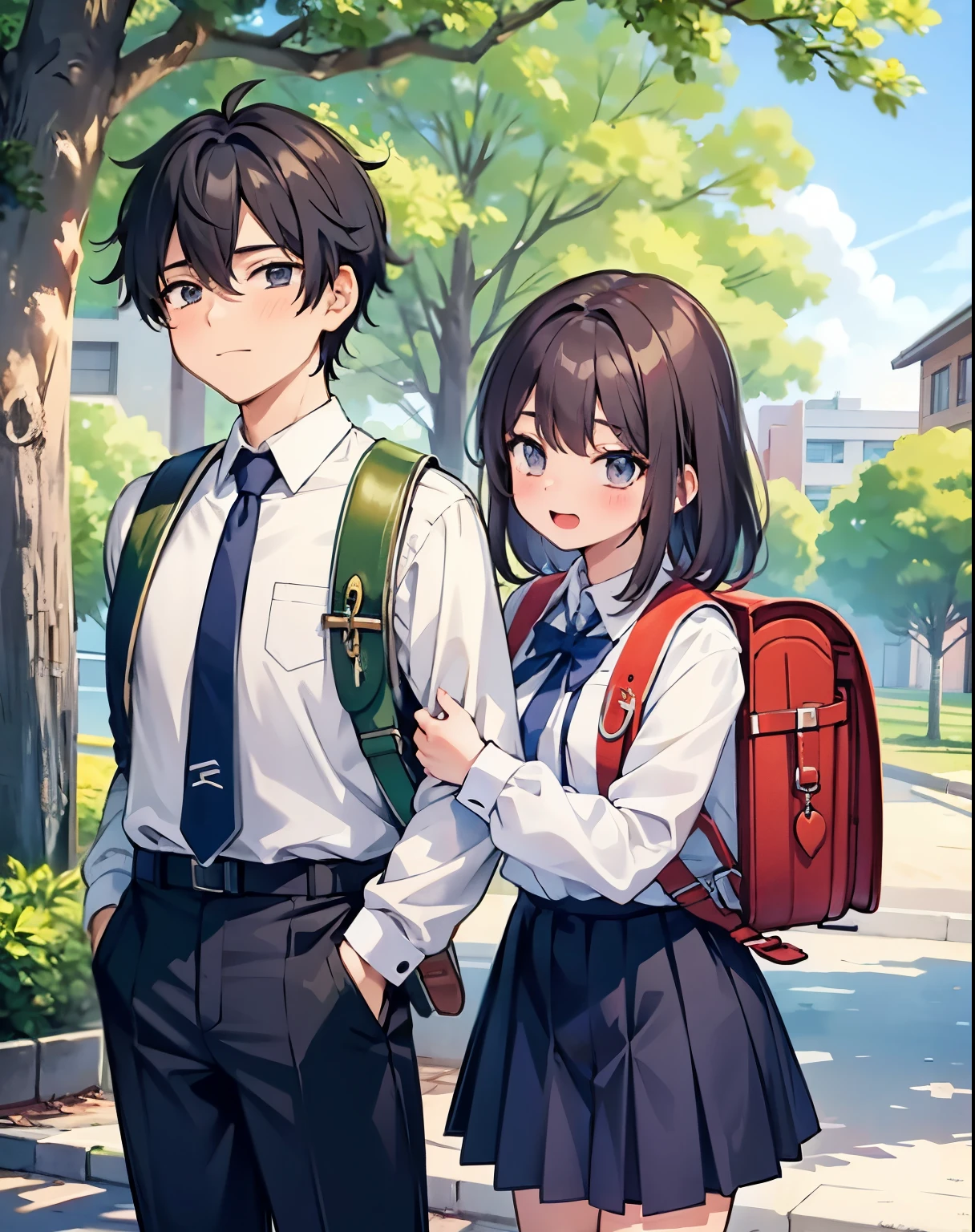 Masterpiece, hd, highschool students, 1girl and 1boy, school_uniform, standing, outdoor, a couple a boy and a girl wearing and carries school backpack, (couple:1.2), (backpack:1.2),