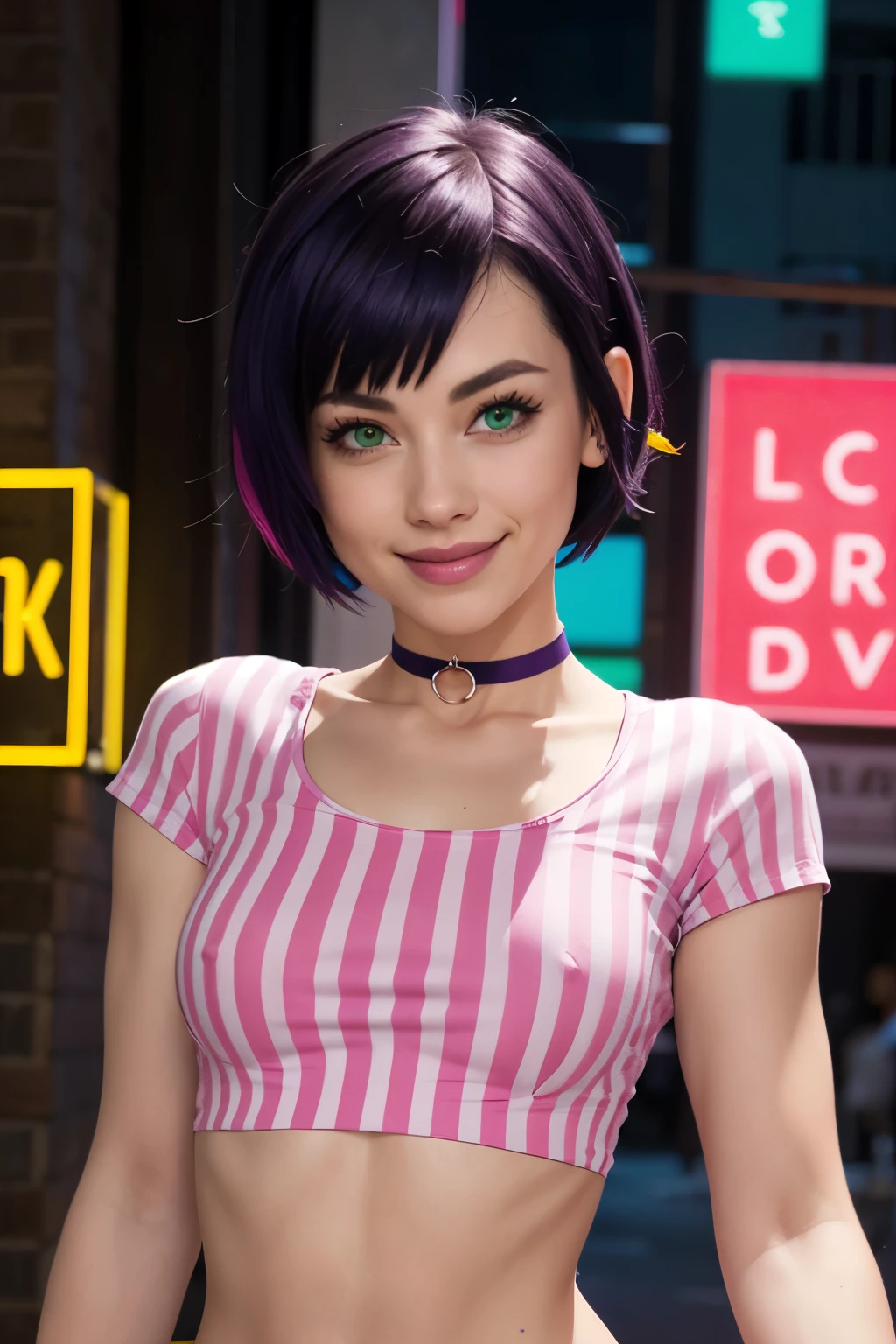 bombchu lady, short purple hair, green eyes, pink striped shirt, looking at viewer, big smile, upper body view, neon lighting, high quality, masterpiece, small , choker