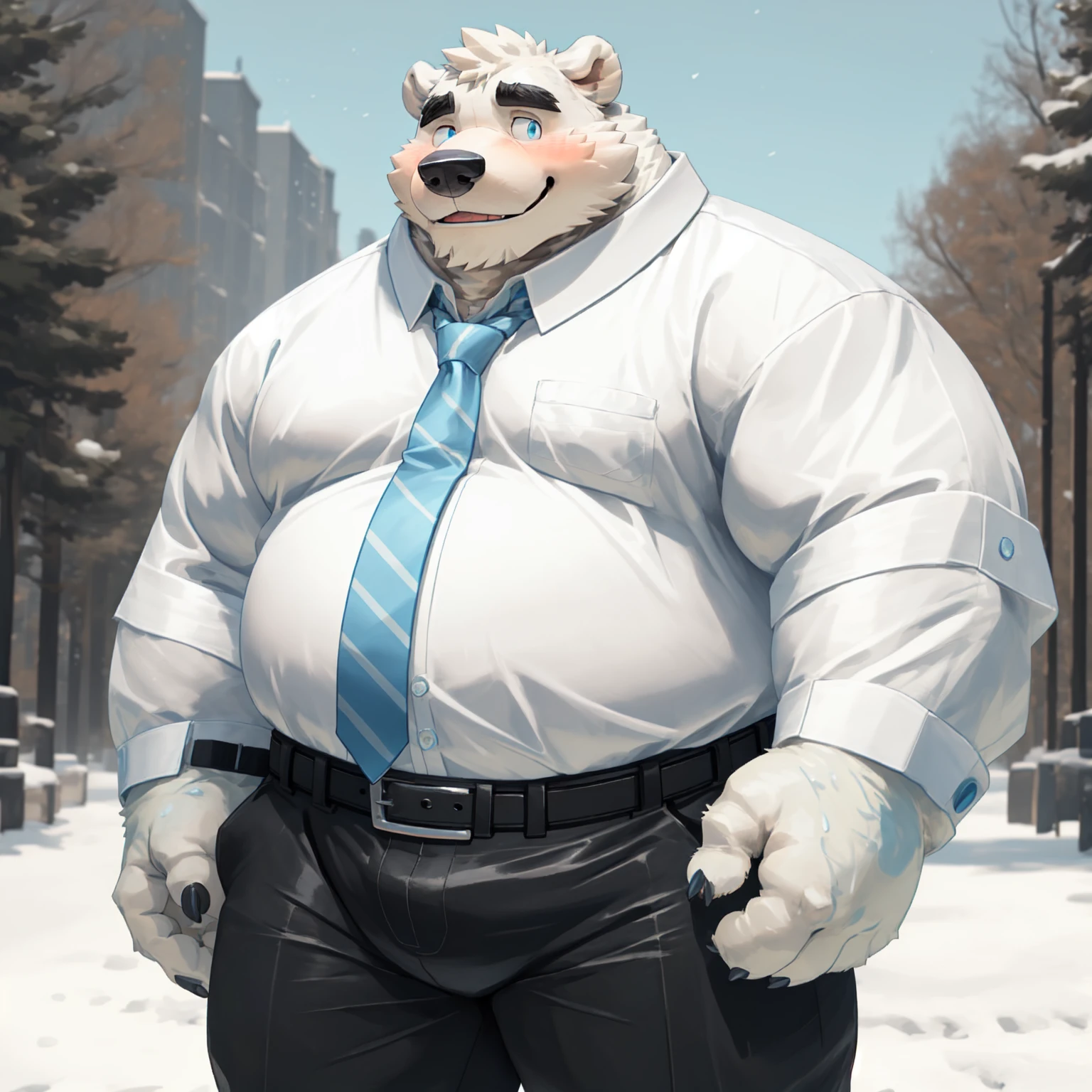 New Jersey 5 Furry，polar bear，Solitary，Chubby，Fat，Thick arms，Rugged muscles，(White plush fur)，Chubby脸，Black eyebrows，Sky blue eyes，（Beard），(White shirt，tie，Belt Pants)，outdoor，high quality,4K,artwork,Very detailed,real，(oily)，blush，Smile