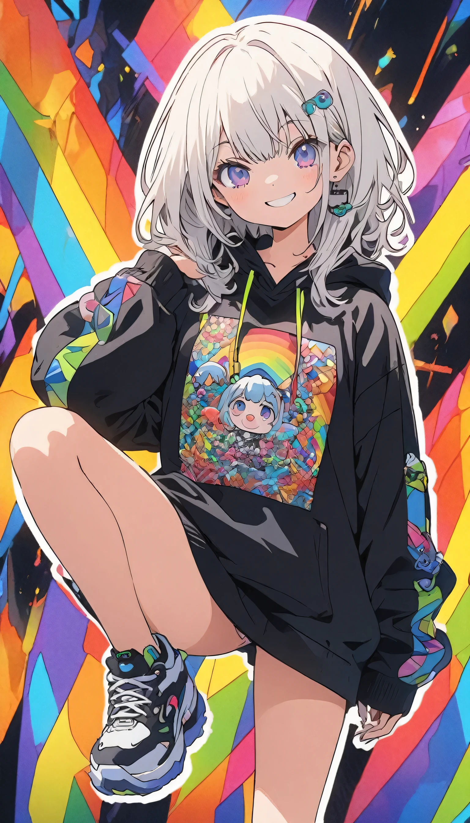 Ultra-detail character. Fluorescent accents. Clothes with white stitching. Thin legs. Her smile. She is smart. She wears sneakers. Anime style. White and black outlines. Sticker style. Thick outlines. ultra-detail. high quality. Flat illustration. A girl with white hair. She is wearing a black hoodie. Cute girl. Colorful art brut art pattern background mixed with rainbow zentangle pattern background