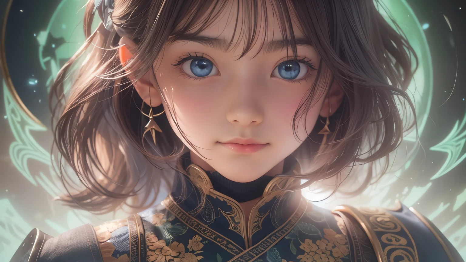 detailed face, cute face, A powerful spell that creates a magical protective barrier., A woman who uses green magic to summon a magical shield is perfect for a fantasy world..