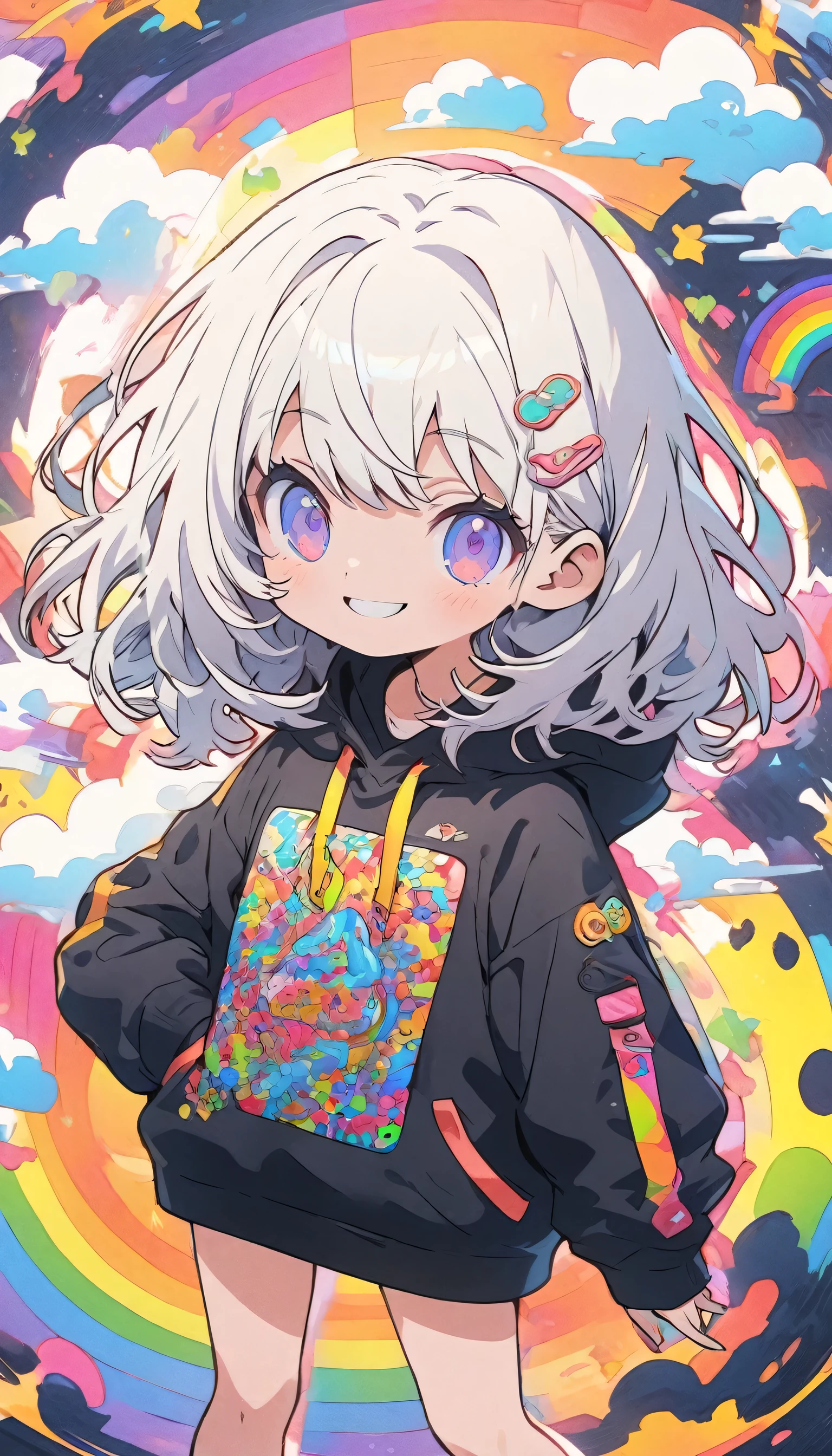 Ultra-detail character. Fluorescent accents. Clothes with white stitching. Thin legs. Her smile. She is smart. She wears sneakers. Anime style. White and black outlines. Sticker style. Thick outlines. ultra-detail. high quality. Flat illustration. A girl with white hair. She is wearing a black hoodie. Cute girl. Colorful art brut art pattern background mixed with rainbow zentangle pattern background
