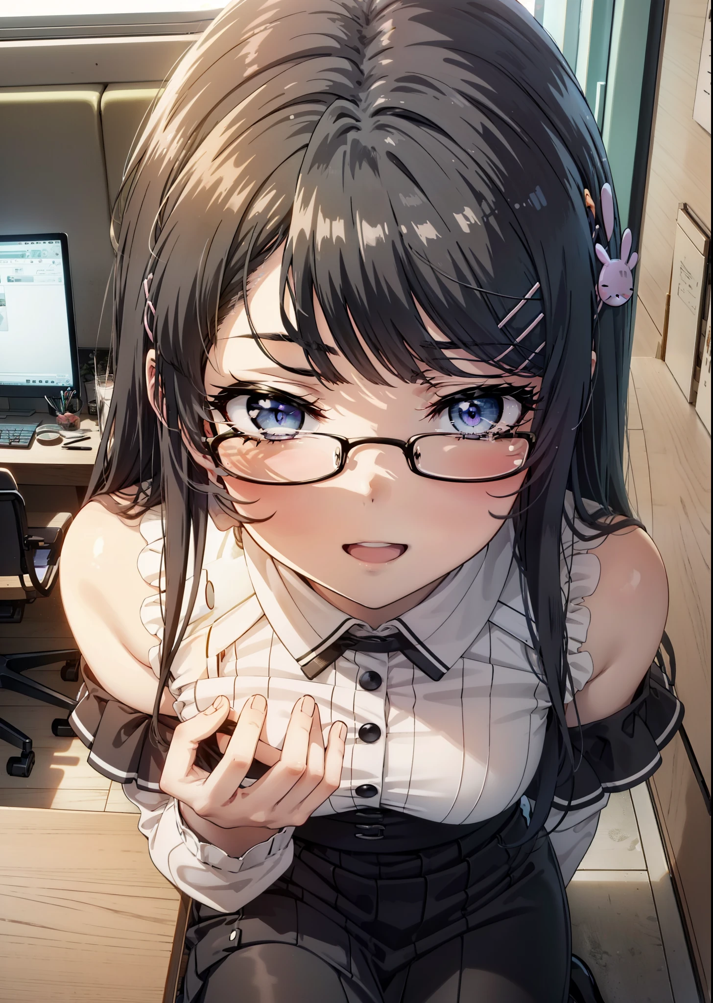 maisakurajima, Mai Sakurajima, Long Hair, bangs, (Black Hair:1.5), hair ornaments, (Purple eyes:1.1), Hair Clip, rabbit hair ornaments,Cold shoulder tops,Long skirt,Stiletto heels,Black-rimmed glasses,happy smile, smile, Open your mouth,walk,whole bodyがイラストに入るように,Daytime,sunny,There is a computer on the table,
break indoors, office,
break looking at viewer, whole body,
break (masterpiece:1.2), highest quality, High resolution, unity 8k wallpaper, (shape:0.8), (Beautiful details:1.6), Highly detailed face, Perfect lighting, Extremely detailed CG, (Perfect hands, Perfect Anatomy),
